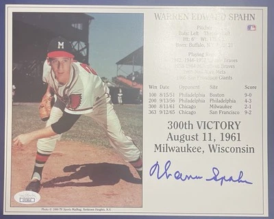 Warren Spahn HOF Signed Milwaukee Braves 8x10 300th Victory Photo Card JSA COA - Image 1 of 4