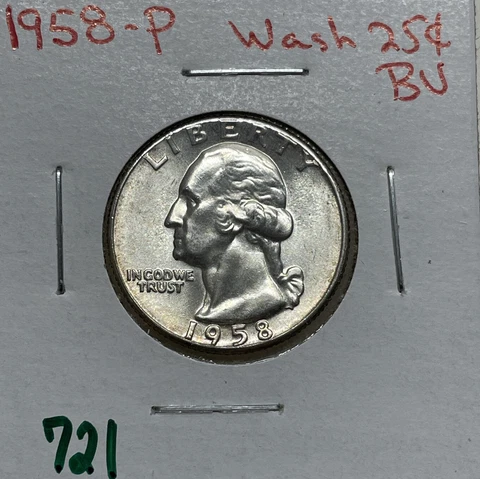 1958 (P) Washington Quarter 90% Silver BU Brilliant Uncirculated Cover