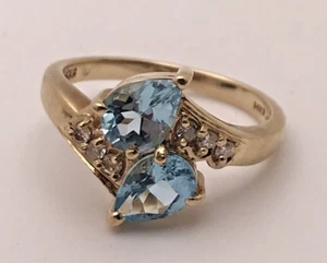 ANELLO DI PERA DUE PIETRE GIALLO 14K GIALLO CON ACCENTO DIAMANTE MISURA 6,5 - Foto 1 di 4