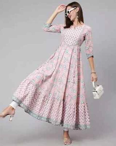 Indian Women Beautiful Cotton Floral Printed Flared Kurta Kurti New Long Dress - Picture 1 of 7