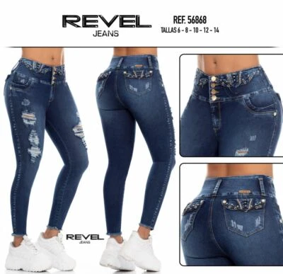 REVEL JEANS MUJER COLOMBIANOS PUSH UP LEVANTA COLA LEVANTAMIENTO DE GLÚTEOS SEXY TALLA 3 Y 5 - Imagen 1 de 3