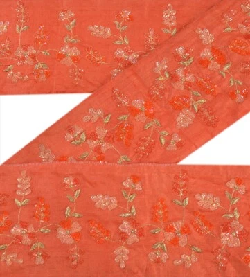 Sanskriti Vintage Sari Borde Cuentas a Mano Artesanal Adornos Encaje 1 Yarda Pura Seda Naranja Foto 1 de 4