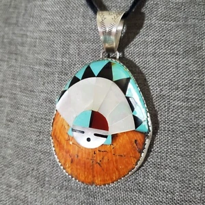 Vtg Santo Domingo Orange Spiny Oyster W/ Jet,Turquoise/Mother of pearl &silver - Picture 1 of 14