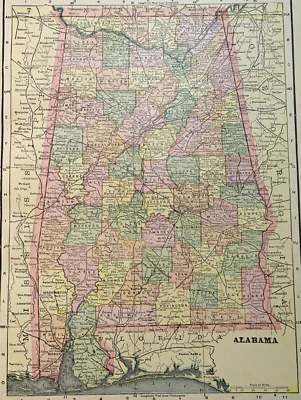 Mapa del estado de Alabama 1903 litografía a color 11 1/4" x 14 1/2" EE. UU. Foto 1 de 4
