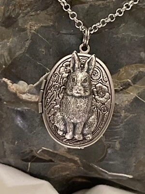 SILVER BUNNY RABBIT Daughter  Locket Necklace JEWELRY Pendant PHOTO CAMEO Gift - Image 1 of 4