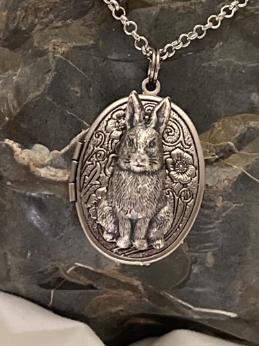 Silver Bunny Rabbit Locket Necklace Jewelry Pendant Photo Picture Cameo Gift