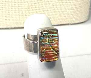 925 Sterling Ring Silver Signed R&G Dichroic Glass Adjustable SIZE 8 - Picture 1 of 4