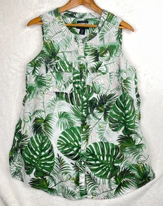 Camicia donna Tahari 100% lino 1X verde bianco foglia tropicale senza maniche con bottoni - Foto 1 di 16
