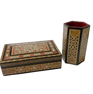 Vintage Marquetry Mosaic Trinket Box Pencil Persian Khatam Inlaid Wood Set 2 - Picture 1 of 14