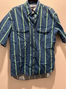 VTG Wrangler Vertical Striped Button Up Western Short Sleeve Shirt LARGE - Picture 1 of 5