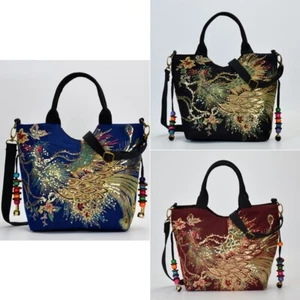 Women Peacock Embroidery Crossbody Bag Canvas Handbag Ethnic Colorful Beads - Picture 1 of 13