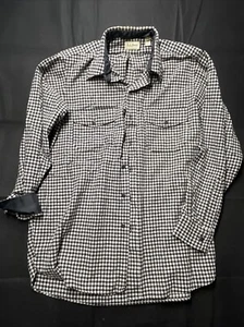 LL Bean 70s Gingham Plaid USA Sz L Vintage Flannel White Black Button Up Shirt - Picture 1 of 7
