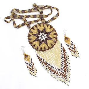 Handmade beaded Gold Brown Flower fringe necklace earrings set - Picture 1 of 1