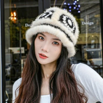 Sombrero de piel de visón real para mujer gorros cálidos sombrero de cubo sombrero para el torso gorra con orejas al aire libre Foto 1 de 4