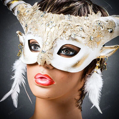 Cuernos de carnero dorados con pendiente de pluma mascarada blanca hada boda fiesta máscara Foto 1 de 4