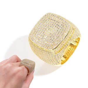 Hip Hop Full 5A Zircon Square Ring Copper 14K Real Gold Plated Thumb Finger Ring - Picture 1 of 20