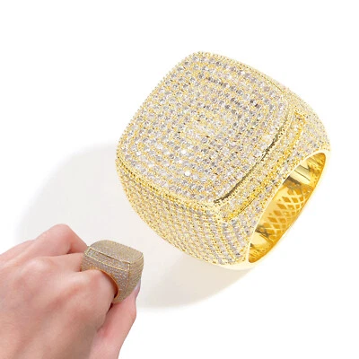 Anillo Cuadrado Hip Hop Completo 5A Circón Cobre Chapado en Oro Real 14K Anillo para Dedo Pulgar Foto 1 de 4