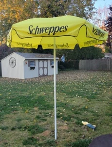 Rare Vintage SCHWEPPES Advertising Soda Pop Beach, Patio Party Umbrella Yellow - Picture 1 of 4