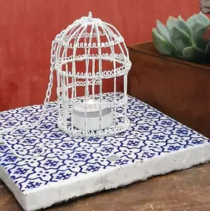 Hanging Wire Bird Cage Tea Light Holder, White Metal Votive Candle Lantern Mini - Picture 1 of 1