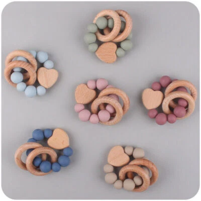Bracelets Rattles Wooden Teether Teething Baby Shower Gifts Silicone Toys - Image 1 of 4