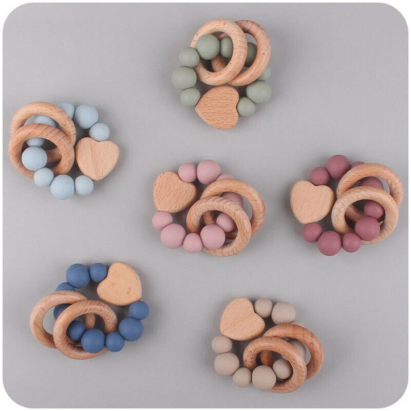 Bracelets Rattles Wooden Teether Teething Baby Shower Gifts Silicone Toys - Image 1 of 4