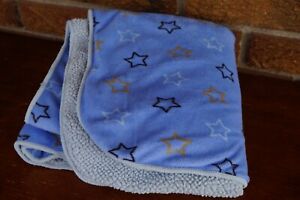 BABY Blanket CARTERS BLUE Velour Brown Tan Allover STARS Sherpa