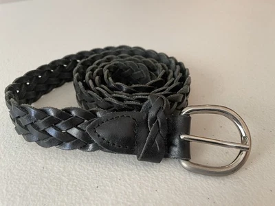 Black Braided Woven Genuine Leather Belt Womens Size L/XL Guatemala Soft 1" - Image 1 of 4