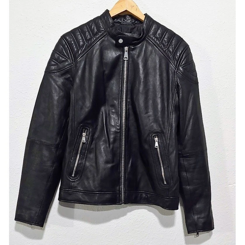 Chaqueta de motociclista de cuero negra Zara para hombre hombros acolchados para hombre talla M Foto 1 de 4