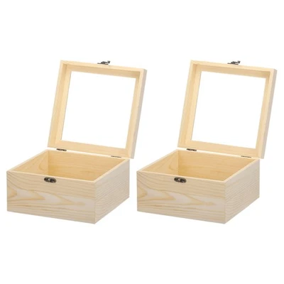 Unfinished Wooden Display Box with Glass Lid,7.9"x7.9"x4.7" ,2Pcs,Beige - Image 1 of 4