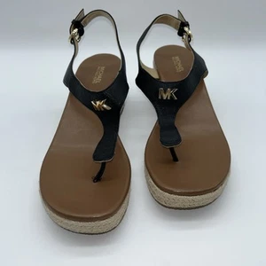 Michael Kors Laney Black Leather Espadrille Thong Wedge Women's size 8M - Picture 1 of 12
