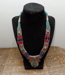 Turquoise Coral Lapis Lazuli Necklace Tibetan Silver Nepali Jewelry 18" - Picture 1 of 17