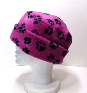 PURPLE DOG PAWS FLEECE ROLLED BRIM WINTER HAT THERMAL STRETCHY h88cr - Picture 1 of 3