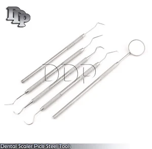 Dental Scaler Pick Steel Tools with Inspection Mirror Set 5 Piece-DENTAL PR-0069 - Picture 1 of 3