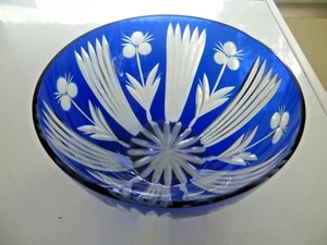 Bohemian-Czech,Poland,Ajka,Cut to Clear hand cut cobalt blue crystal rose bowl - Picture 1 of 12