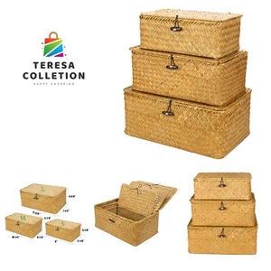 Shelf Baskets with Lid Set of 3, Handwoven Seagrass Storage Bins Box Rectangu... - Picture 1 of 7