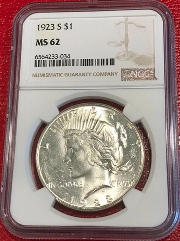 1923-S 1$ SILVER PEACE DOLLAR SUPER-LUSTROUS NEAR CHOICE NGC MS62 HIGH GRADES Cover