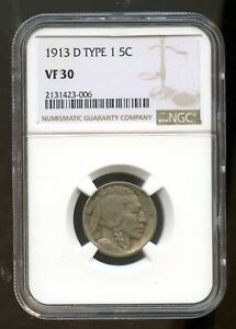 1913-D Buffalo Nickel 5 Cents Type 1 NGC VF 30