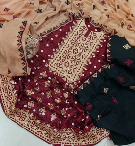MACHINE EMB SINDHI AJRAK PRINT 3Pc CAMBRIC SUIT&CHIFFON DUPATTA. UNSTITCH.MAROON - Picture 1 of 5
