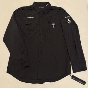 Affliction Black Premium Shirt Mens 2XL Military Button Up Long Sleeve Patches - Picture 1 of 13