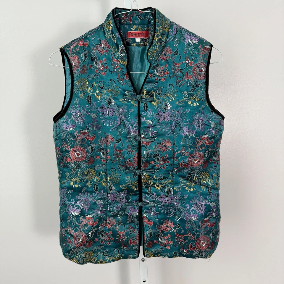 复古 Foieverdev sz LTeal 花卉锦缎中式领背心绗缝 — 第 1/4 张图片