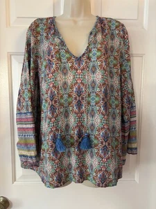 Sundance Andalusia Top Womens L Colorful Boho Peasant Top Tassels Modal Flowy - Picture 1 of 5
