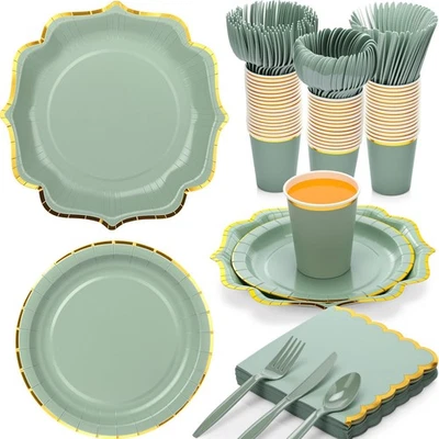 350 Pcs Sage Green and Gold Foil Plates and Napkins 50 Guest Spring Party Sup... - Image 1 of 4