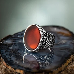 Solid 925 Sterling Silver Knitting Design Flat Agate Stone Men's Ring - Picture 1 of 4