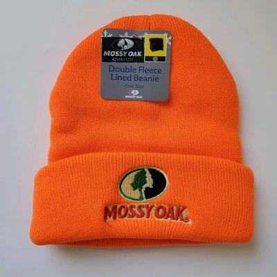 Mossy Oak Double Fleece Lined Beanie Hat Orange Thick & Warm Heavy Knit Logo - Image 1 of 4