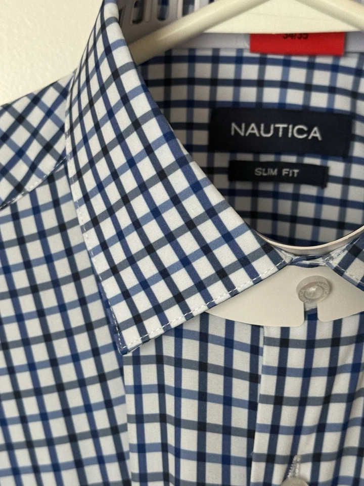Camisa masculina NAUTICA xadrez azul com botões slim fit elástica nova com etiquetas 15-15.5 34/35 - Imagem 1 de 4
