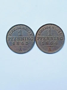 German States PRUSSIA 1 Pfenning 1863; 1864 lot of 2. - Picture 1 of 2