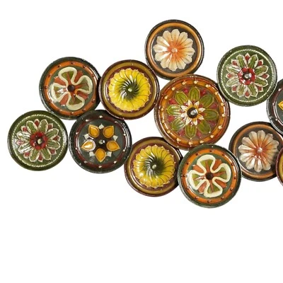 Elegant Metal Wall Decor with 12 Floral Ceramic Plates - Rustic Indoor Art - Image 1 of 4