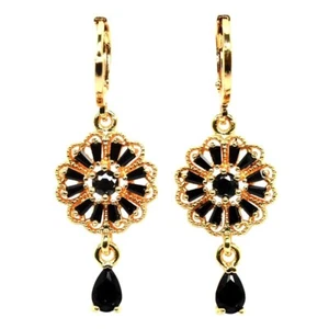 NATURAL AAA BLACK SPINEL BRASS YELLOW GOLD PLATED FLOWER DANGLE EARRING - Picture 1 of 6