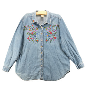 Just My Size Women's Denim Button-Up Tunic Shirt Blue 14W/16W Floral Embroidered