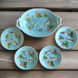 Blue MAJOLICA Black Forest Pottery Germany Serving Plate & 4 Salad Plates - Picture 1 of 11